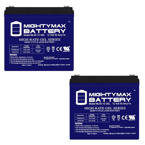 Mighty Max Battery 12V 55AH GEL Battery Replacement for SLAA12-55C/FR - 2PK MAX3938368